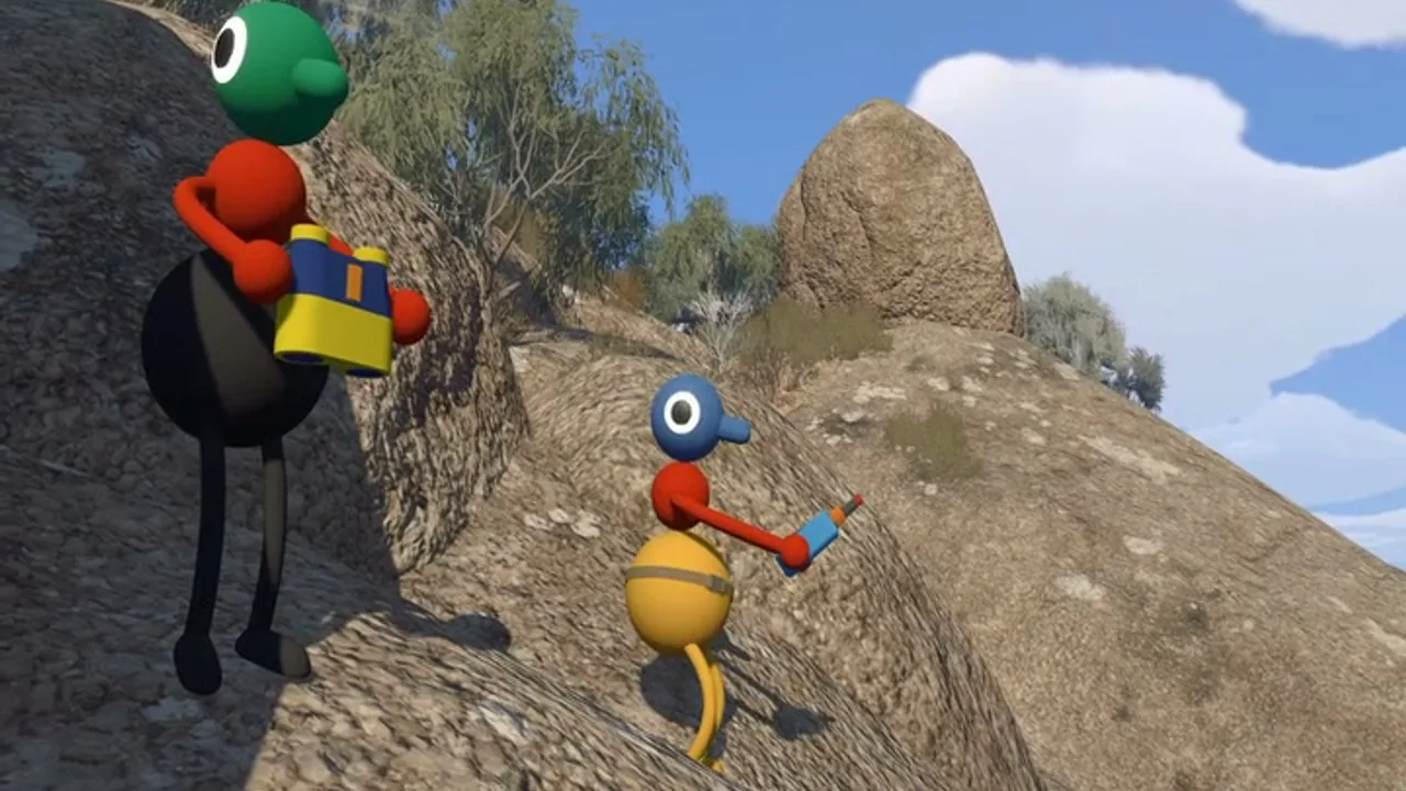 Two characters on a rocky slope carrying binoculars and a tool